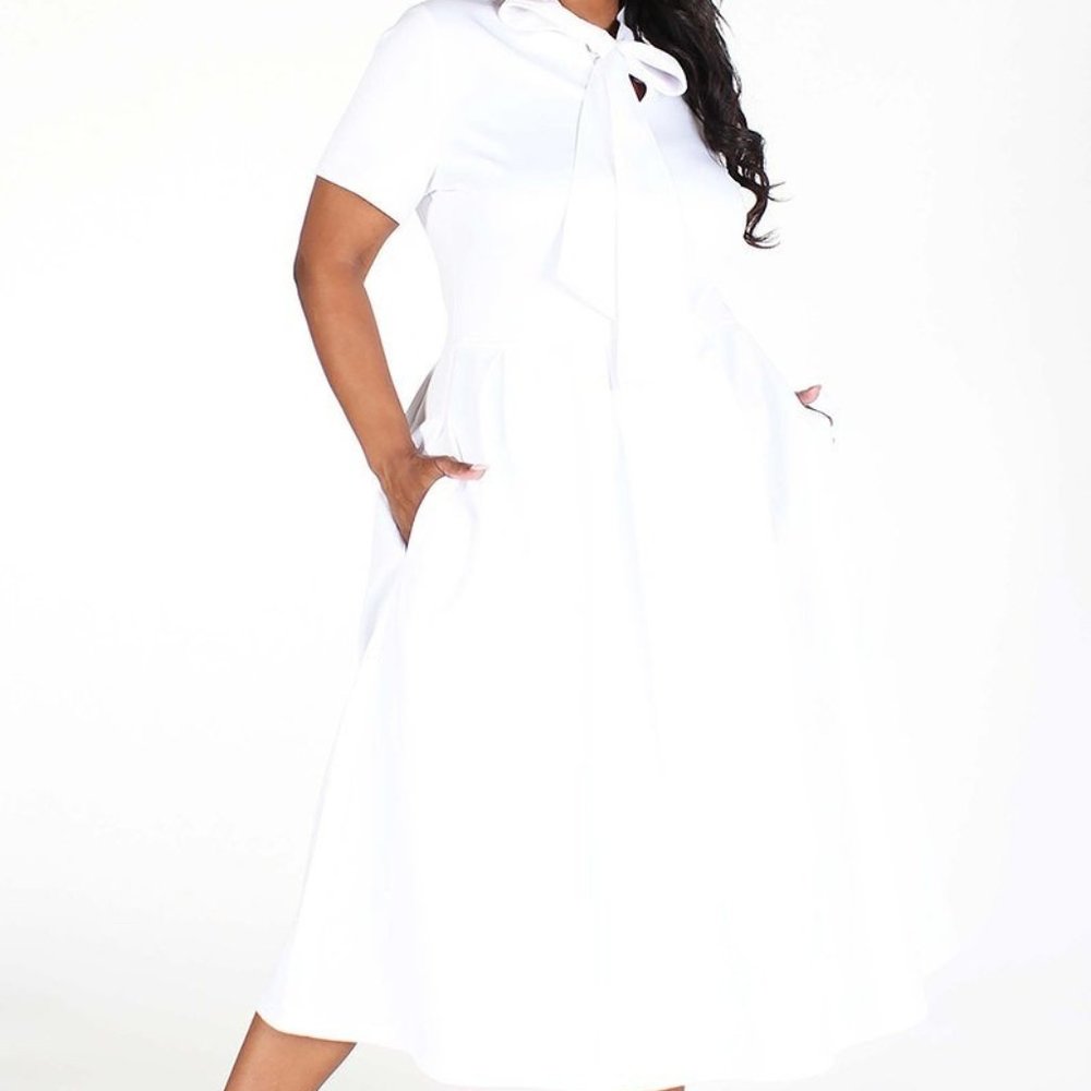Whiite modest bow tie midi dress
